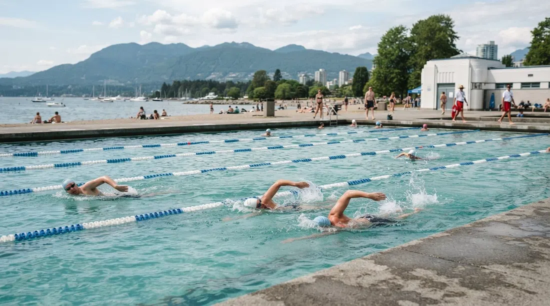swimmers in Kitsilano Pool during a summer afternoon, with the shoreline and English Bay visible beyond the lane ropes