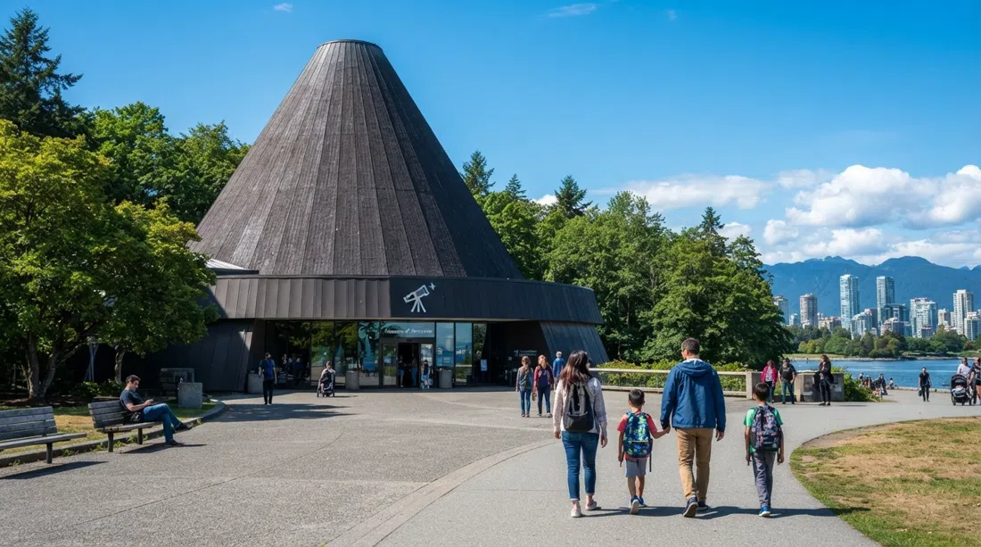 the conical Vanier Park building at 1100 Chestnut Street housing the Museum of Vancouver and H.R. MacMillan Space Centre on a clear day