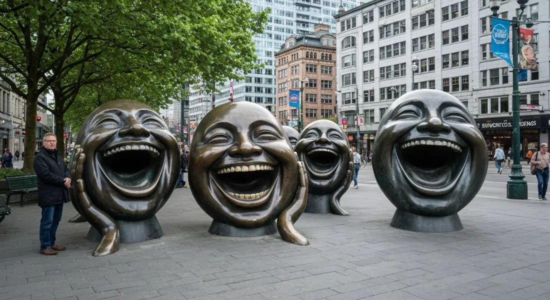 A-maze-ing Laughter bronze figures in Morton Park at the foot of Davie Street, their oversized laughing faces catching soft afternoon light