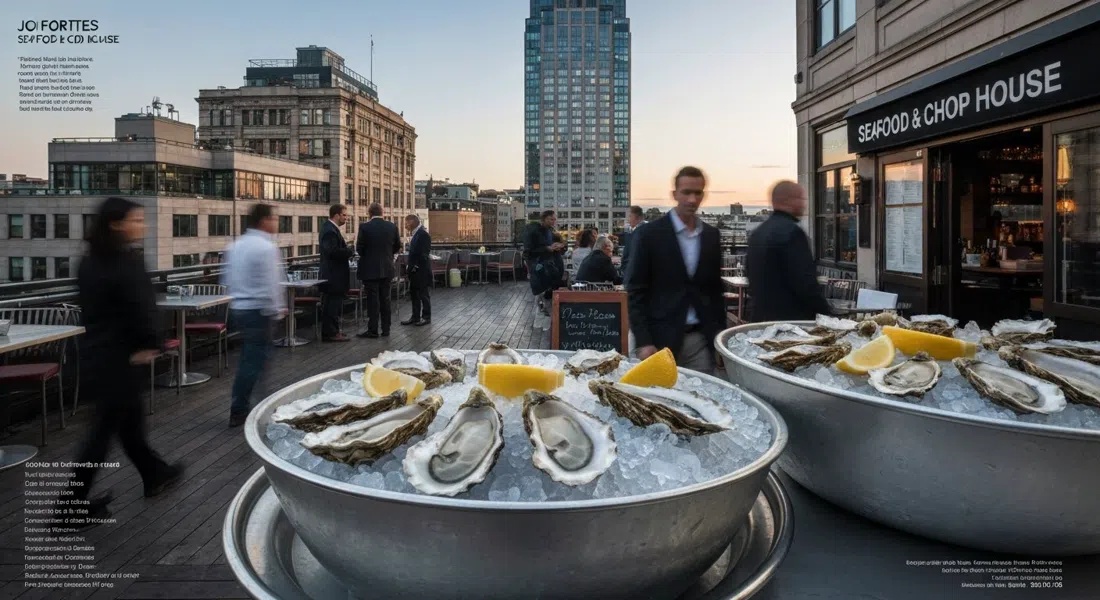 Joe Fortes Seafood & Chop House with oysters on ice and the rooftop patio atmosphere hinted by evening light through the windows