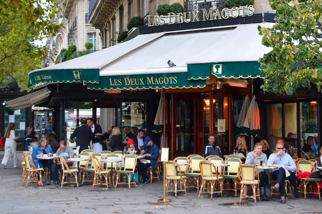 Les Deux Magots terrace on Boulevard Saint-Germain, the café where Sartre and Beauvoir held their regular table