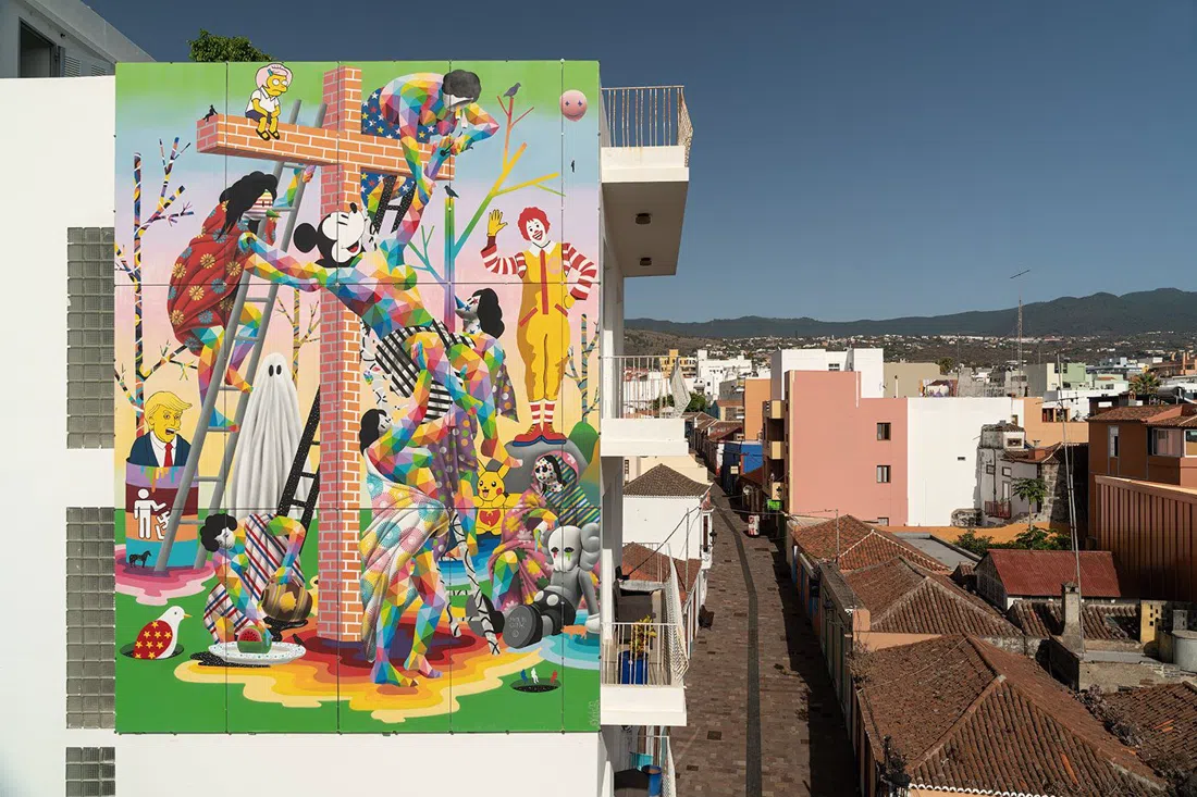 CEMFAC murals painted on building facades along Calle Fernández Taño in Los Llanos de Aridane
