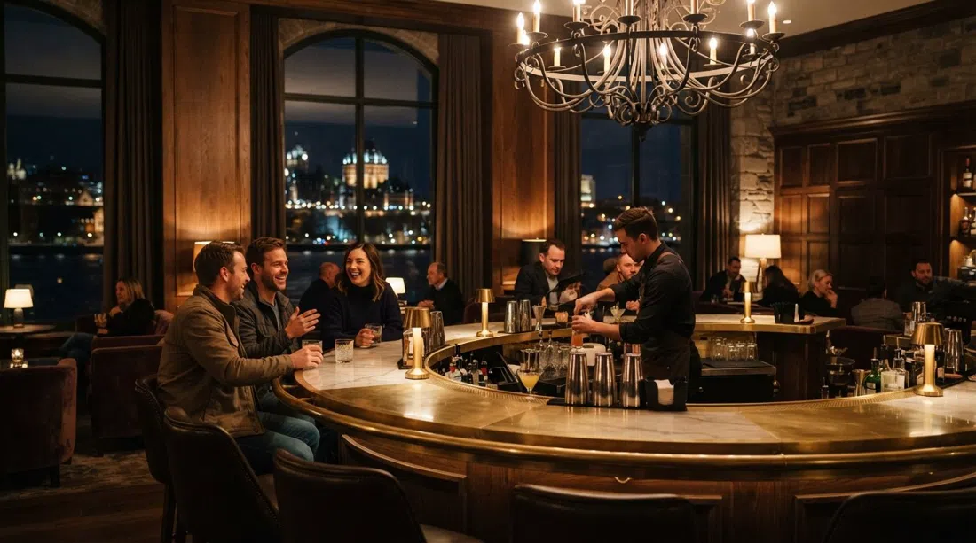 Bar 1608 inside the Château Frontenac, circular brass-and-marble bar, chandelier overhead, St. Lawrence visible through tall windows at night