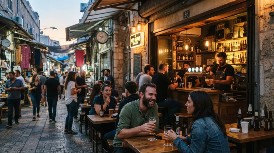 Beer Bazaar at 36 Yishkon Street in the early evening, craft beer taps glowing inside and market noise still visible outside