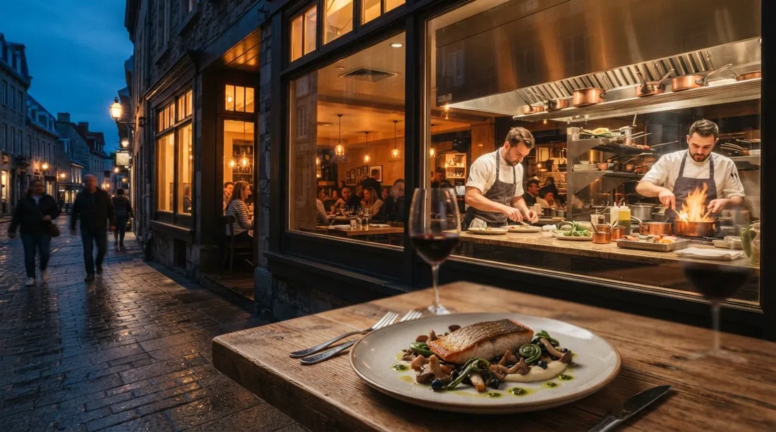 Le Clan on rue des Jardins with its glass-fronted kitchen, warm interior light and a plated boreal tasting dish in the foreground