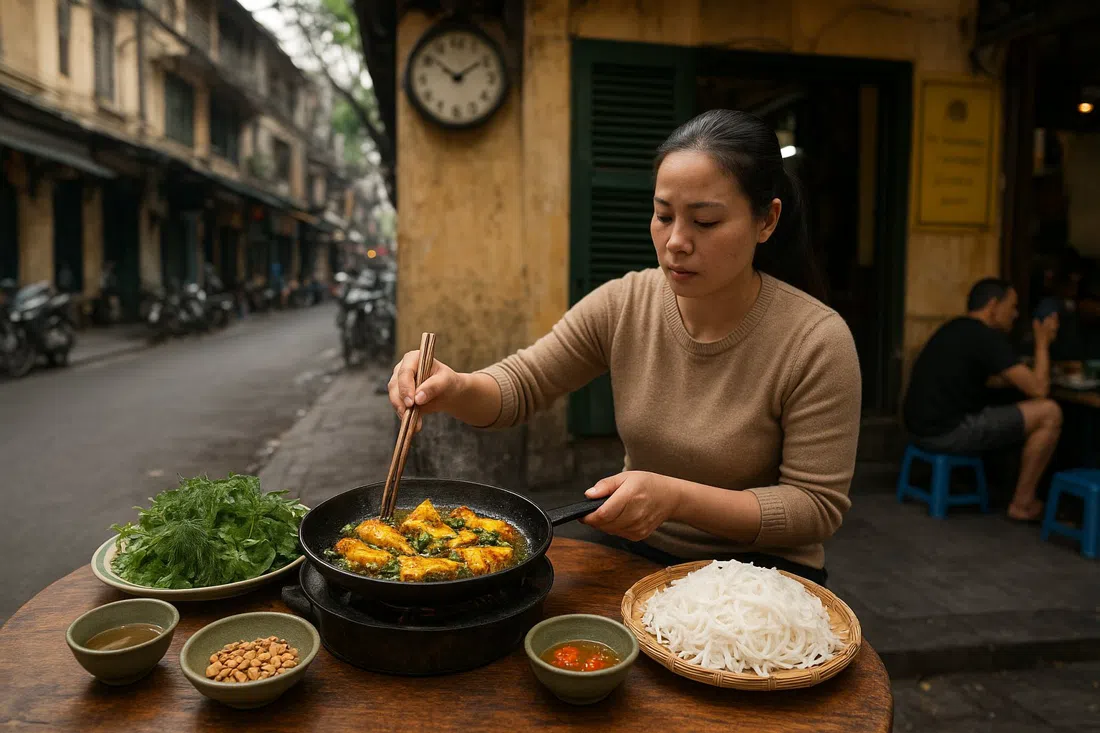 turmeric-and-dill grilled fish sizzling at Cha Ca La Vong on Cha Ca street, tabletop heat, herbs and noodles arranged for serving