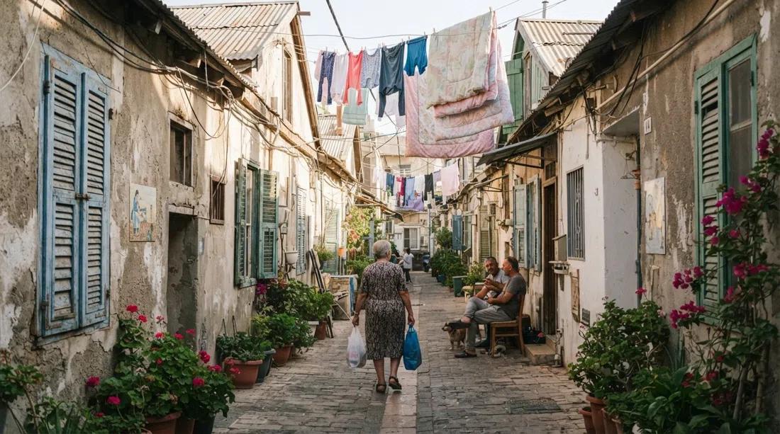 low one-storey houses with original tin roofs on a narrow Kerem HaTeimanim lane, late-morning sun catching laundry lines and peeling shutters