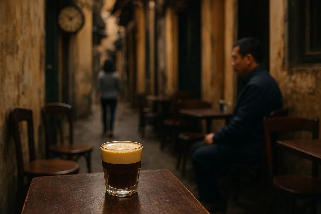 a small glass of Hanoi egg coffee at Cafe Giang in a narrow alley off Nguyen Huu Huan, creamy foam on top, intimate low-light cafe setting