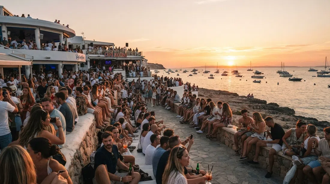 Café del Mar and Café Mambo on San Antonio’s Sunset Strip at golden hour, crowds lining the seafront wall facing the west bay